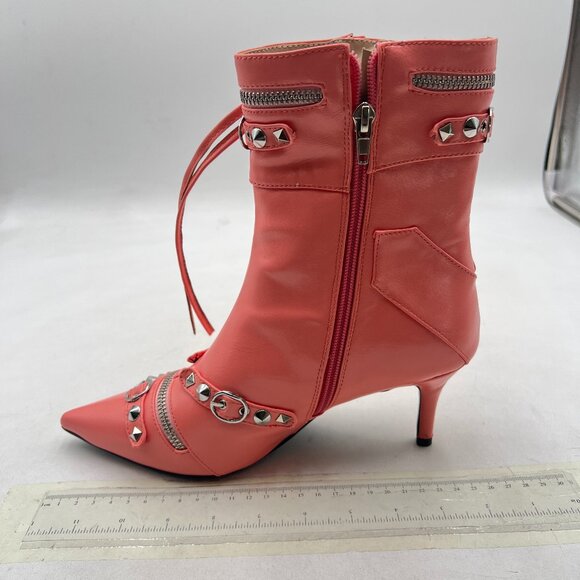 XYD Pink Ultra Fashion Pointed Toe Kitten Low Heels Zipped Rivets Ankle Boots - Picture 2 of 9